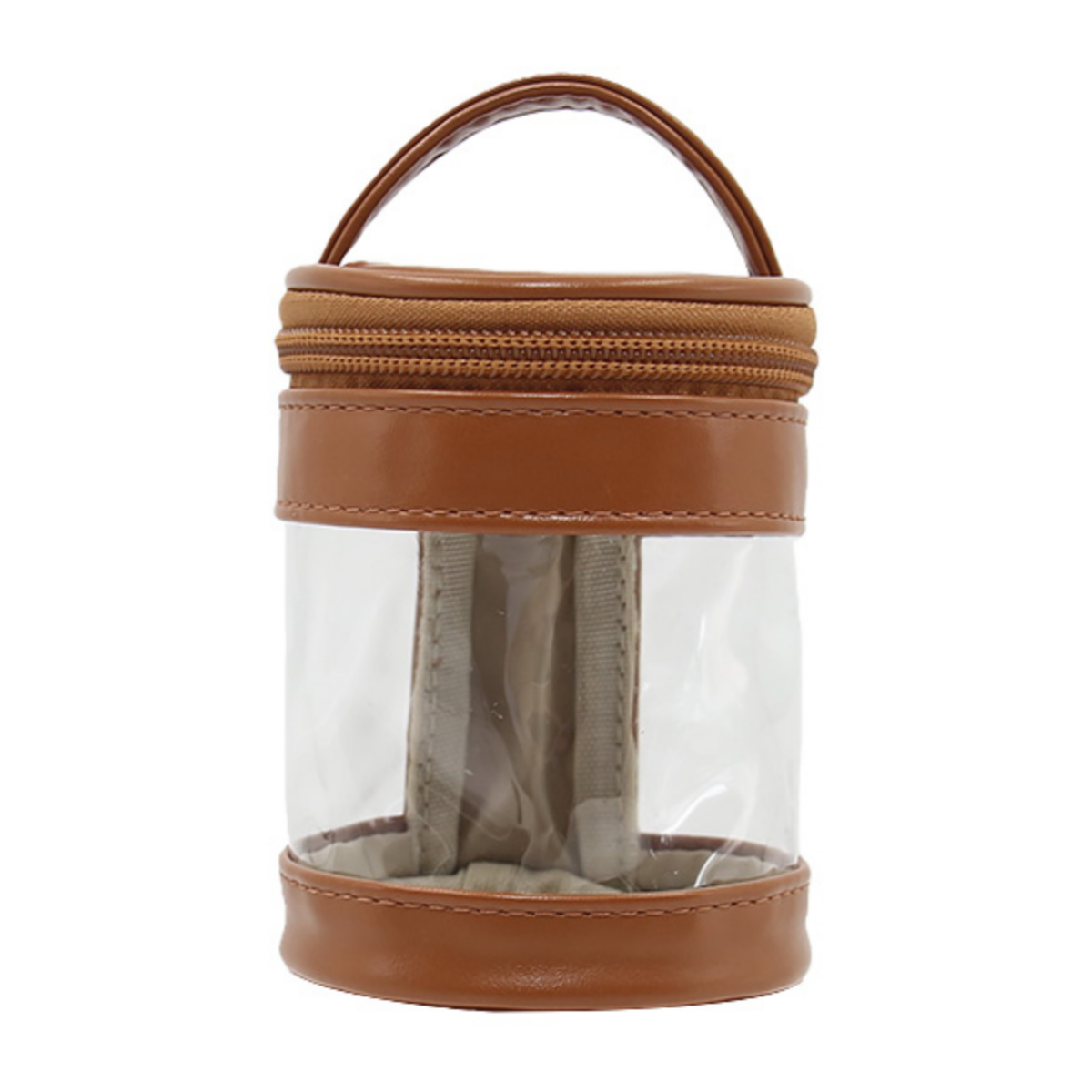 clear makeup bag cosmetic brush holder travel makeup case Cylindrical Clear Brush Storage Bag with PU Leather Handle