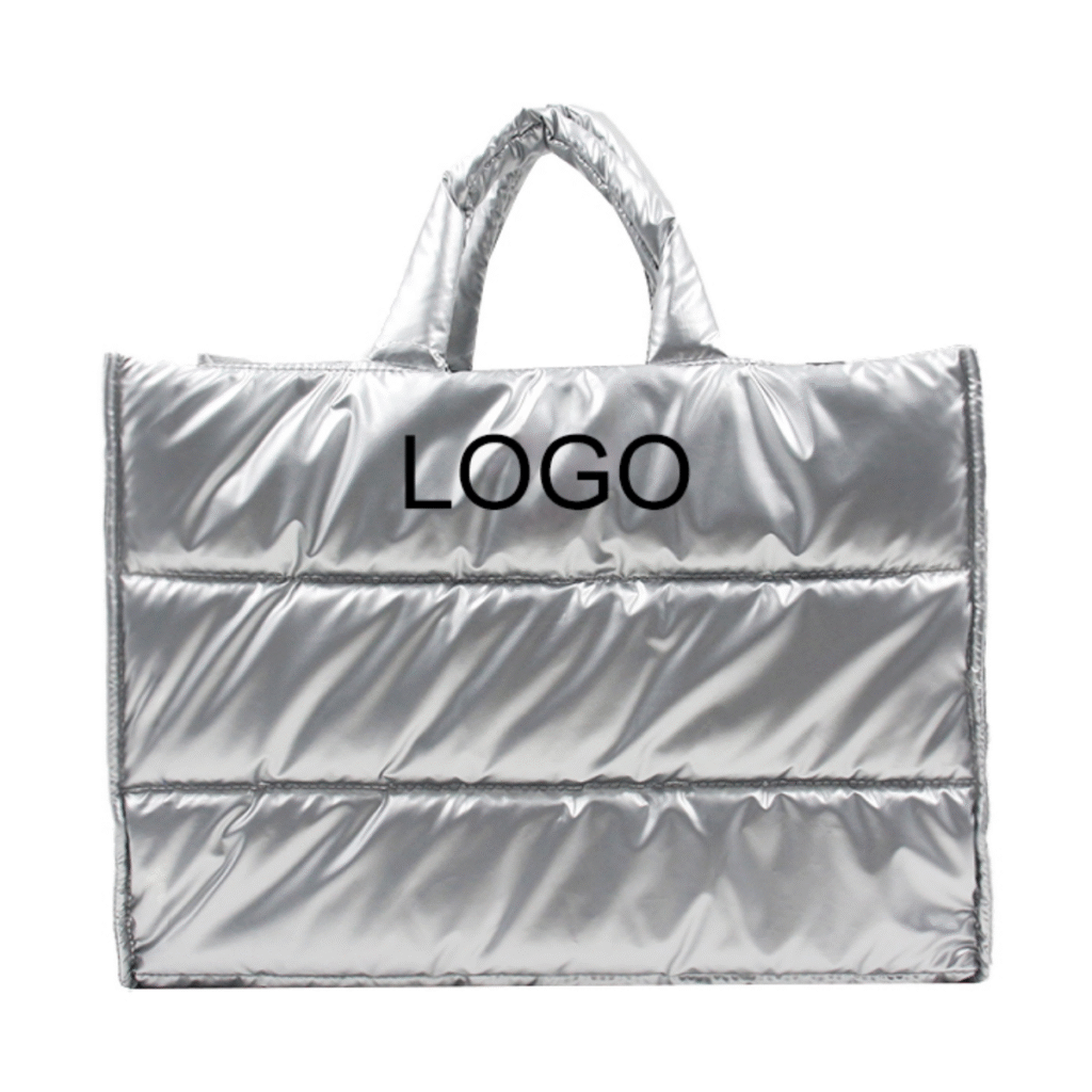 puffer tote bag quilted shopper bag insulated travel bag Silver Puffer Tote Bag With Custom Logo
