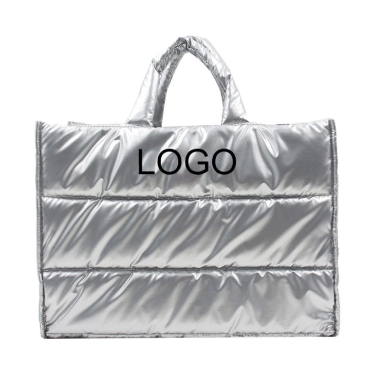 puffer tote bag quilted shopper bag insulated travel bag Silver Puffer Tote Bag With Custom Logo