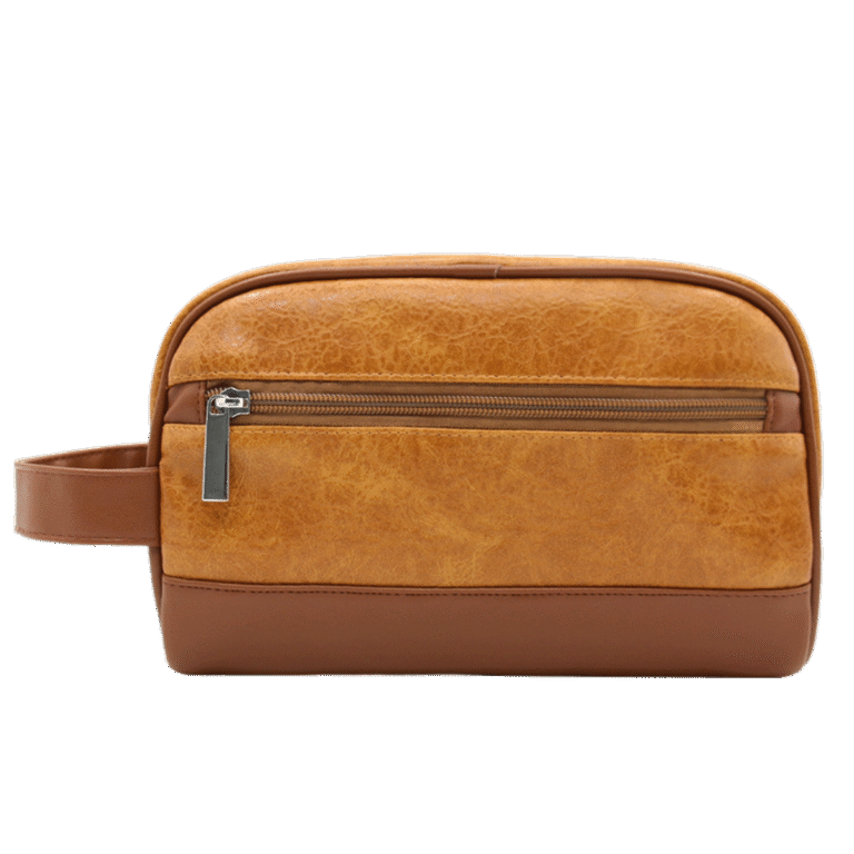 mens toiletry bag dopp kit travel shaving bag Classic Two-Tone PU Leather Wash Bag with Front Pocket