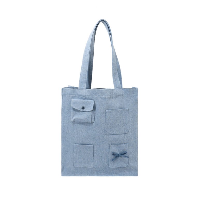 canvas tote bag aesthetic tote bag shoulder bag Light Blue Multi Pocket Canvas Tote with Front Bow
