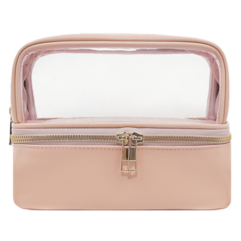 makeup bag cosmetic bag toiletry bag Clear window vanity case double layer organizer pink PU custom logo