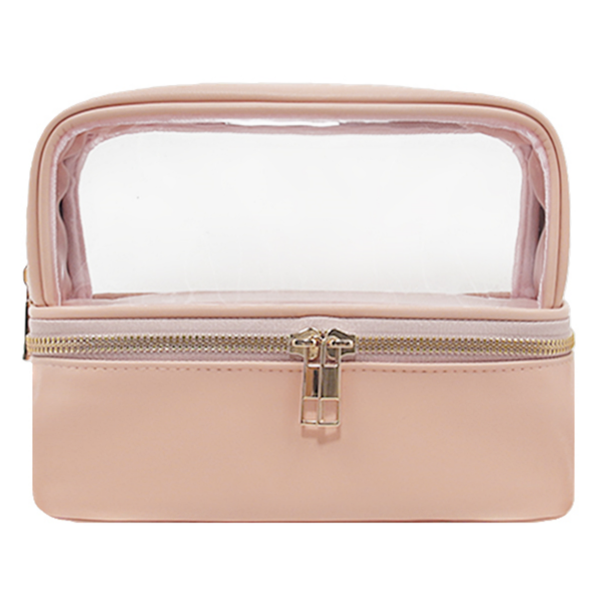 makeup bag cosmetic bag toiletry bag Clear window vanity case double layer organizer pink PU custom logo