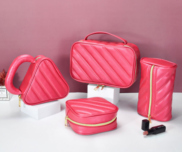 makeup bag travel cosmetic bag Quilted Hot Pink PU Makeup Bag Set with Unique Shapes