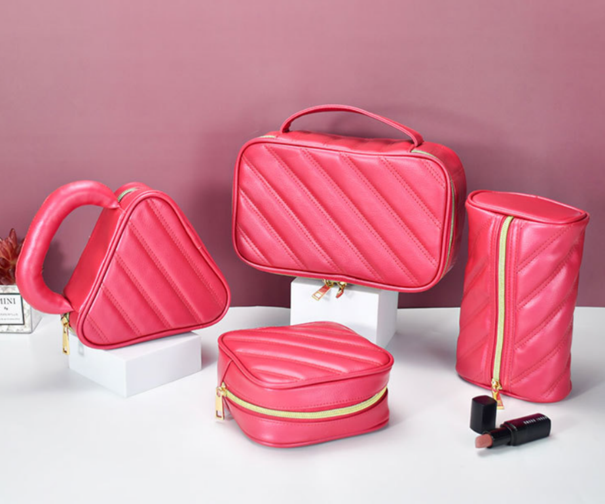 makeup bag travel cosmetic bag Quilted Hot Pink PU Makeup Bag Set with Unique Shapes