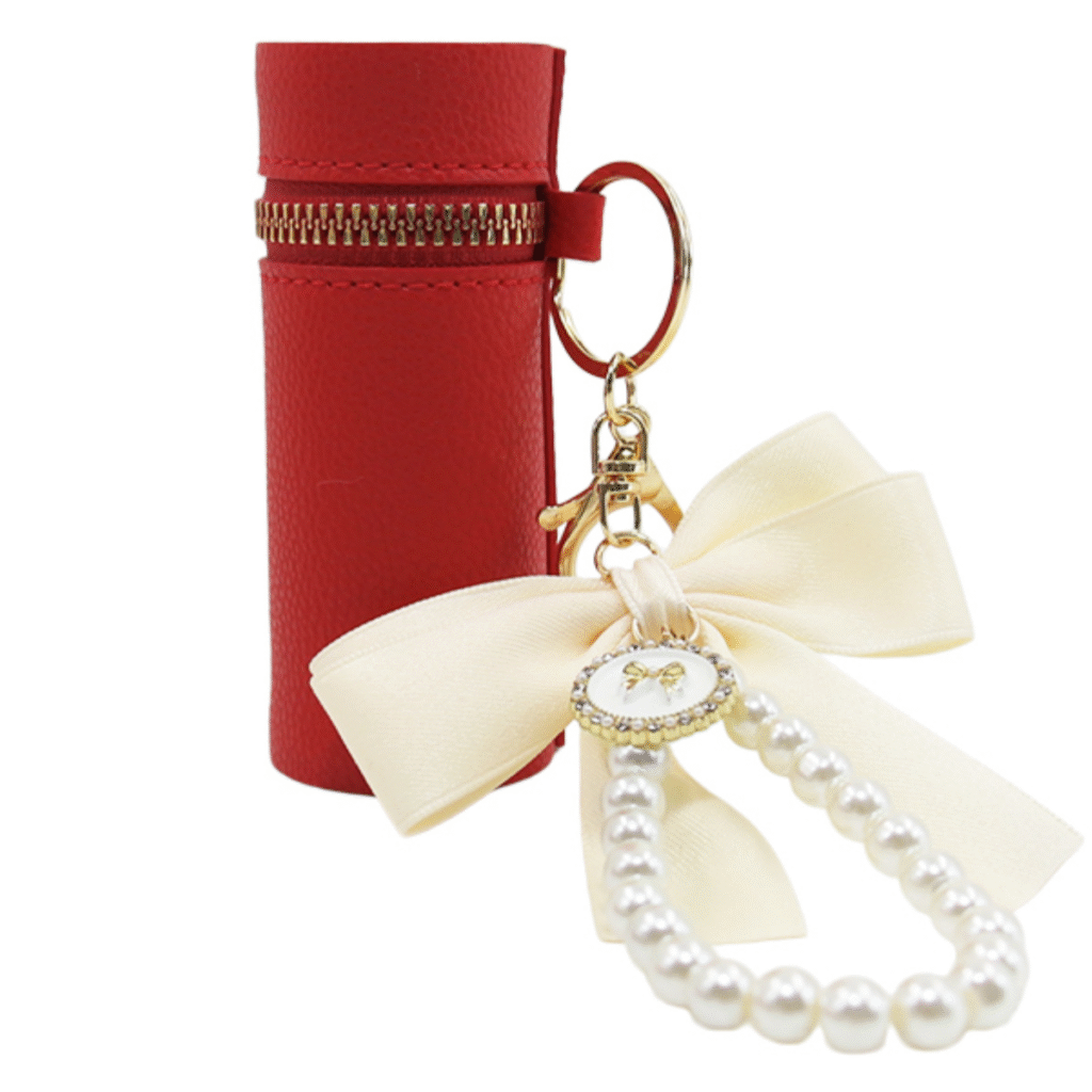 lipstick holder keychain travel lipstick case mini lipstick pouch Elegant Red Lipstick Tube Case with Pearl Bow Charm