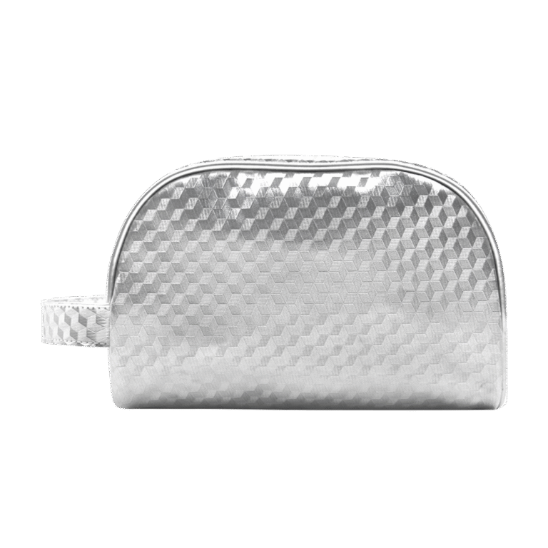 Silver Makeup Bag Metallic Cosmetic Bag Toiletry Bag Silver Metallic PU Cosmetic Bag With Woven Texture And Wrist Strap
