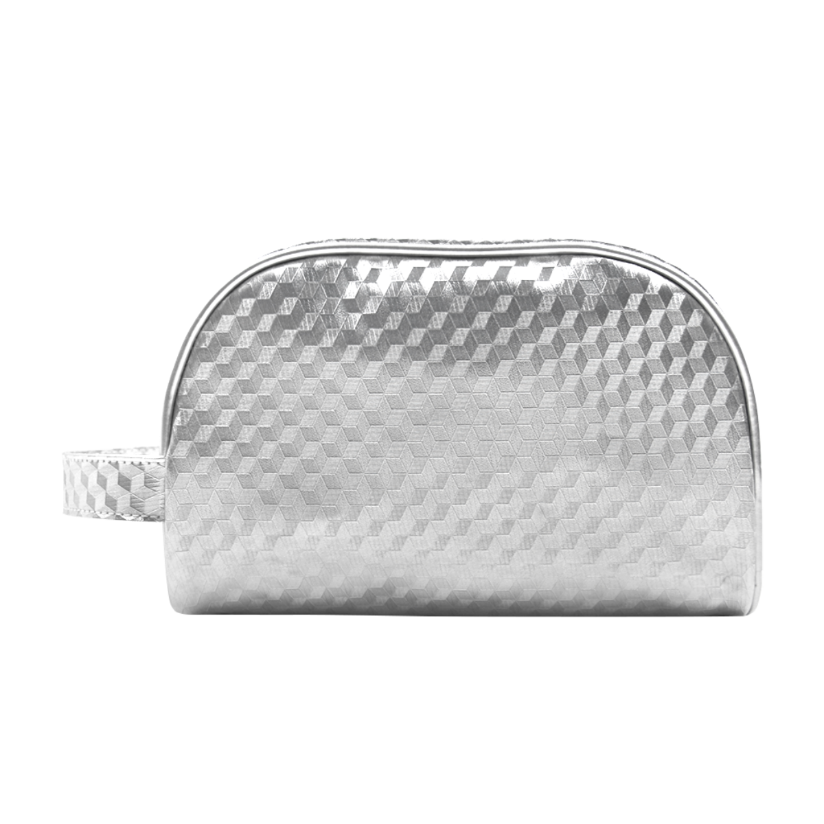 Silver Makeup Bag Metallic Cosmetic Bag Toiletry Bag Silver Metallic PU Cosmetic Bag With Woven Texture And Wrist Strap