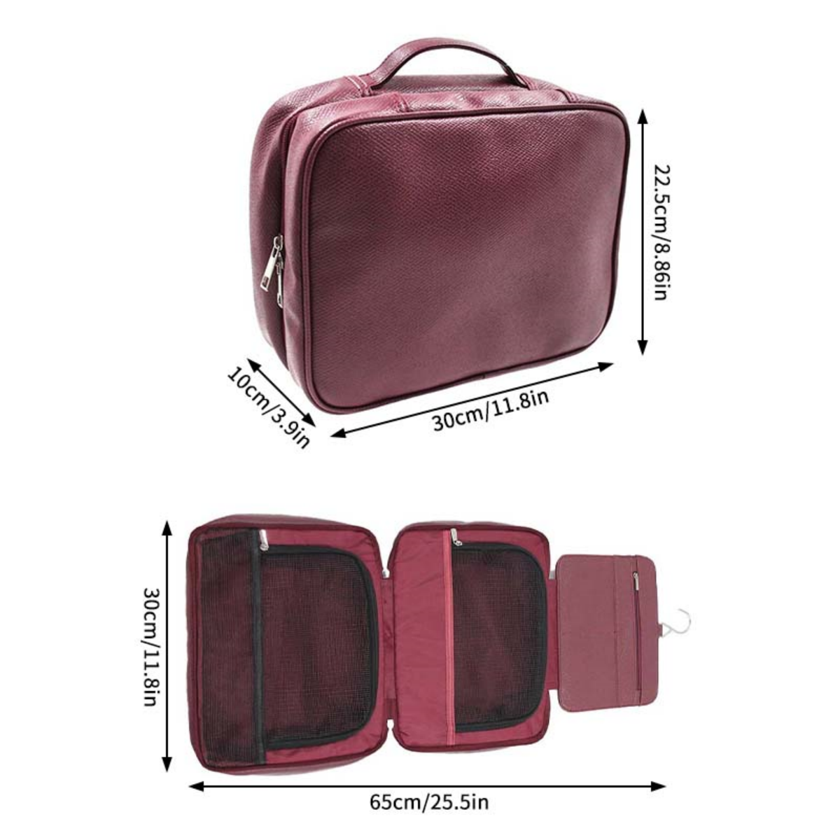 Travel Toiletry Bag Hanging Toiletry Bag Toiletry Organizer Burgundy PU Travel Toiletry Bag With Hook And Compartments