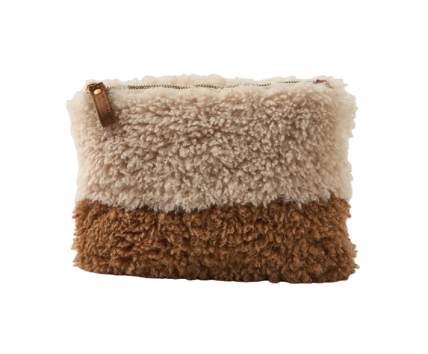 makeup bag cosmetic bag toiletry bag Two tone teddy fleece makeup pouch cozy sherpa zip organizer brown beige