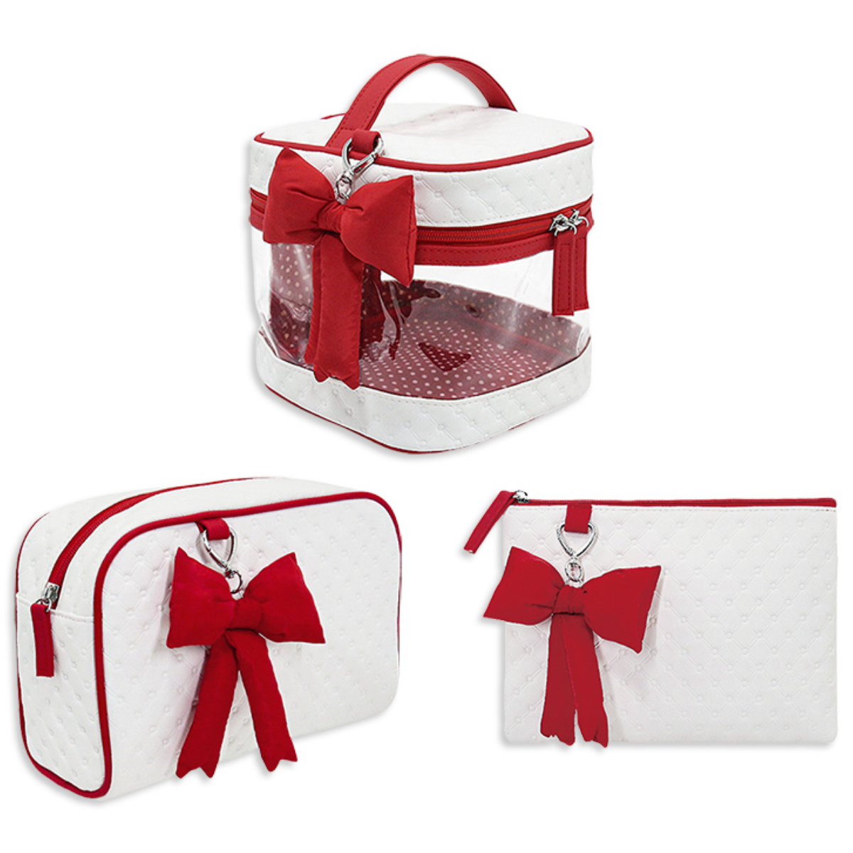 makeup bag cosmetic bag toiletry bag Gift bow makeup bag set 3 piece white quilted with red trim clear window vanity case pouch clutch