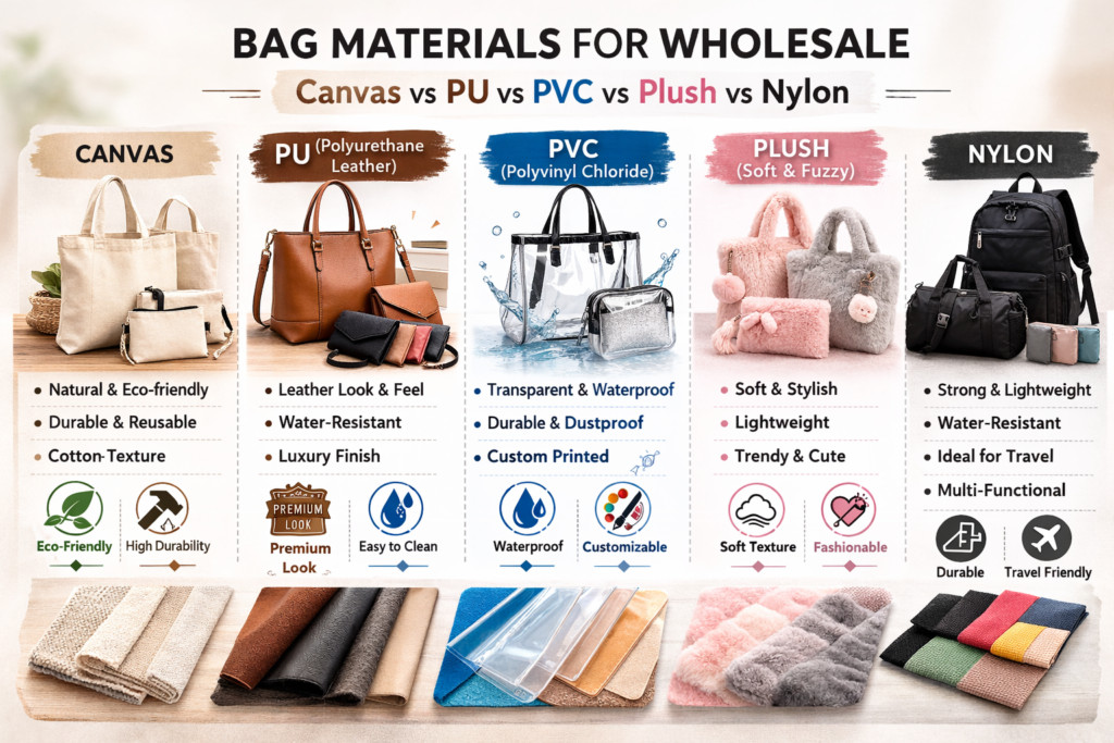 How to Choose Bag Materials for Wholesale: Canvas vs PU vs PVC vs Plush vs Nylon