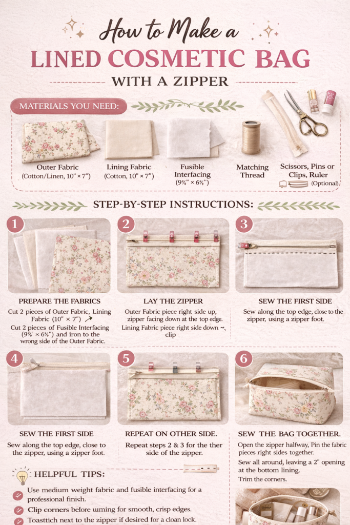 Make a Lined Cosmetic Bag with a Zipper