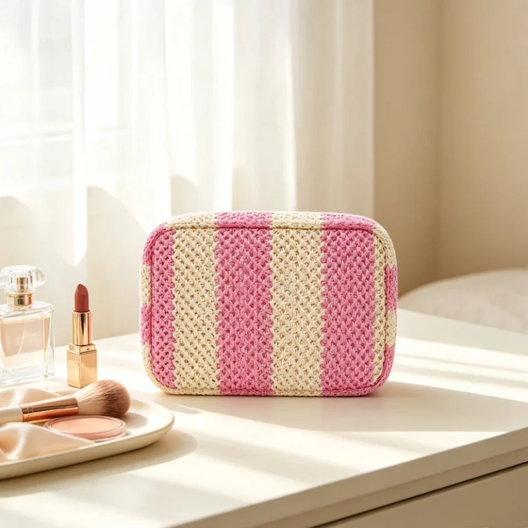 Pink Striped Woven Cosmetic Bag