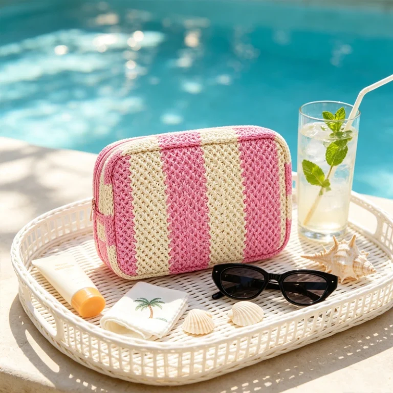 Pink Striped Woven Cosmetic Bags