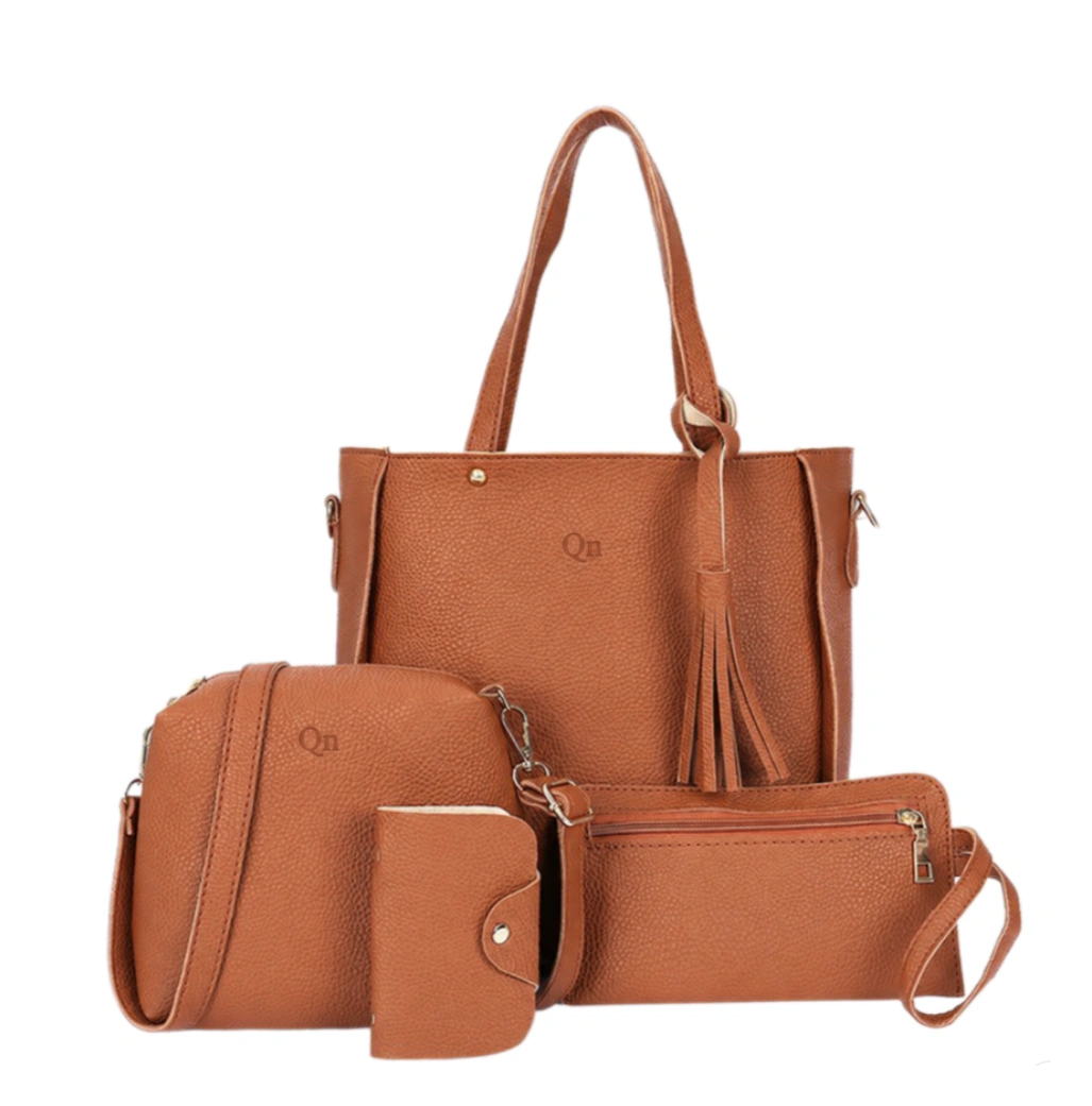 Q&N tan handbag set with tassel tote and matching bags and accessories