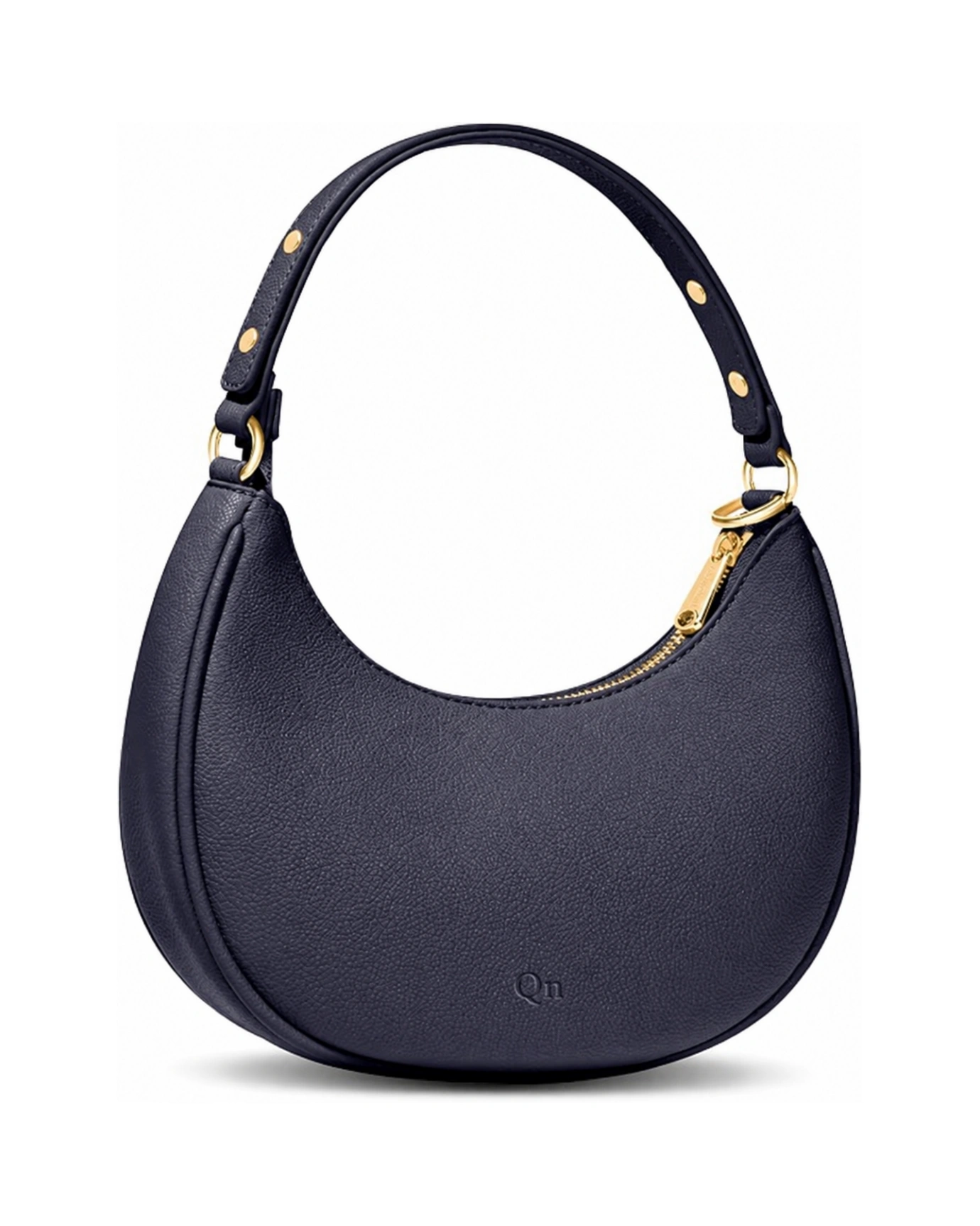 Q&N navy crescent shoulder bag with gold-tone accents